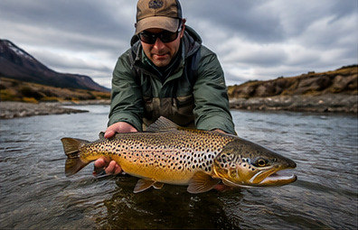 An IceFishingAR guide cradling a sea-run brown trout in the shallows before release