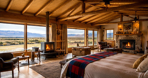 Timber lodge interior with an open fire, deep armchairs and floor-to-ceiling windows onto the steppe