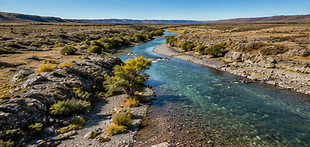 Clear braided water of the Río Gallegos cutting through open Patagonian steppe
